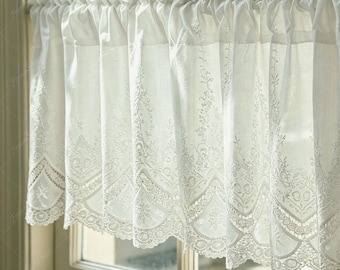 Floral Embroidery Cafe Curtain, Scalloped Eyelet Lace Rod Pocket Window Valance