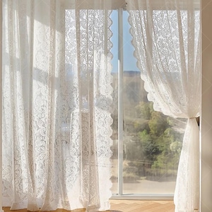 Französischer Stil Blumenspitze Gardinen | Floral Weiß Sheer Lace Vorhänge für Wohnzimmer | Semi schiere Spitzenvorhänge | Stange Taschen Vorhänge