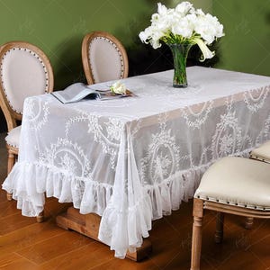 White Embroidered Lace Tablecloth, French Style Rectangular Floral Table Cover with Scalloped Edges, Wedding Table Decor