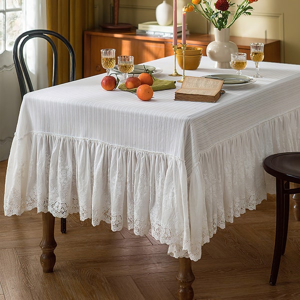 Embroidered Waterproof Tablecloth, French Style Floral Lace Rectangular Table Cover, Wedding Table Decor