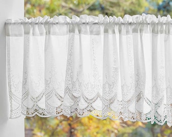 Cortina de encaje bordada de algodón hecha a mano / cortina corta de flor hueca blanca para cocina / estilo rural francés