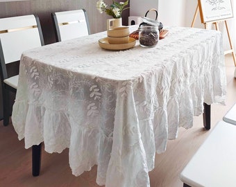 White Embroidered Leaf Tablecloth: Elegant French Style Table Decor