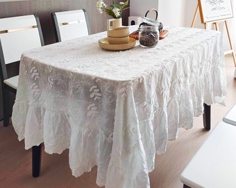 Elegant 3d Leaf Design Tablecloth, Classic White Rectangle/Round Tablecloth, French Style Embroidered Tablecloth for Wedding,Table Decor