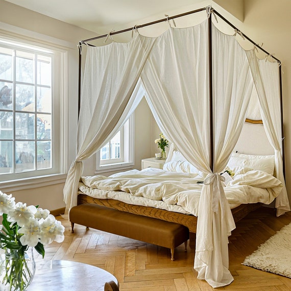 Elegant Cotton Bed Canopy, off White 4 Corner Post Bed Curtain Tie-up Sheer  Canopy for Adults Girls Bedroom Custom Size 