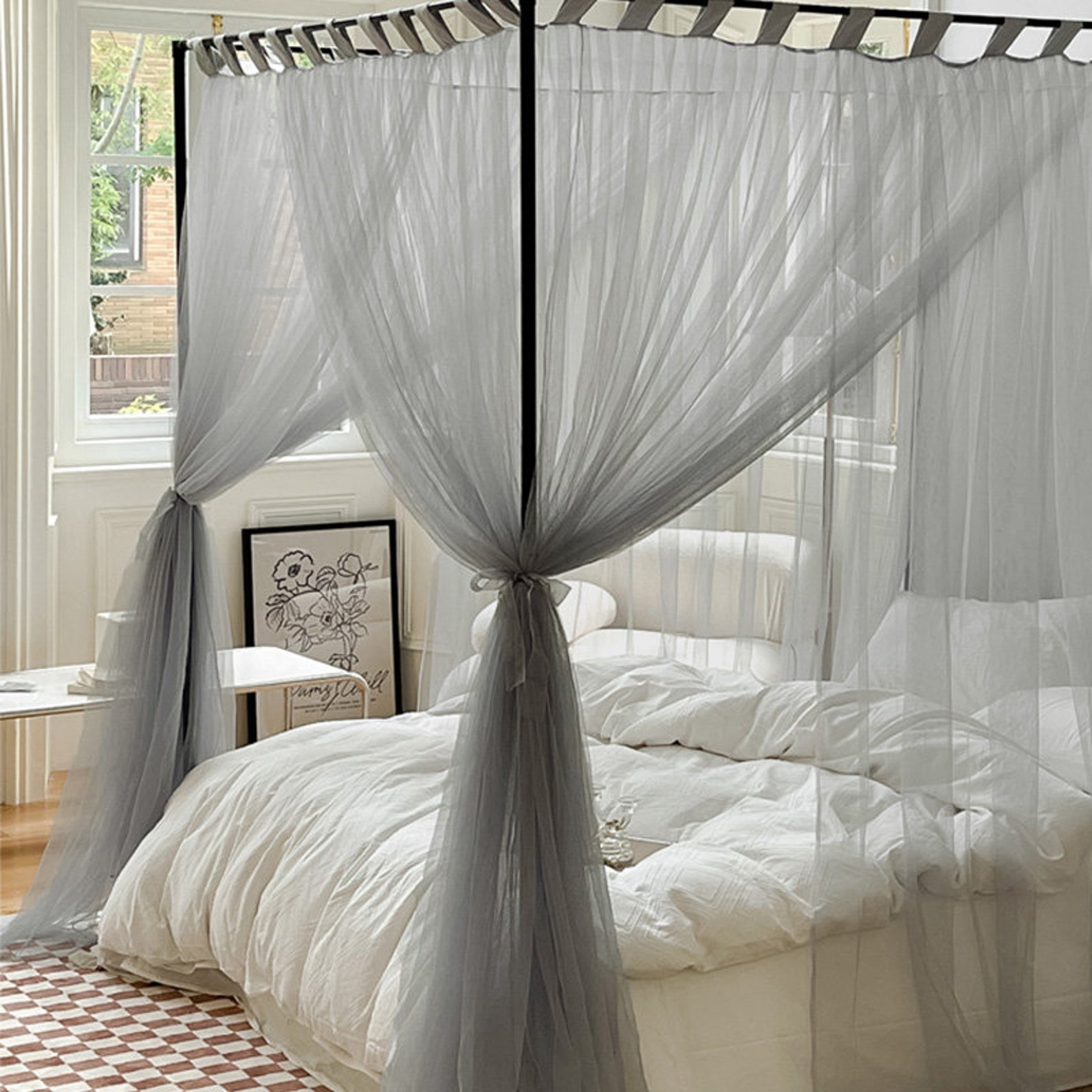 3 Color Canopy Bed Curtains With Top Ties Simple 4 Corners Etsy