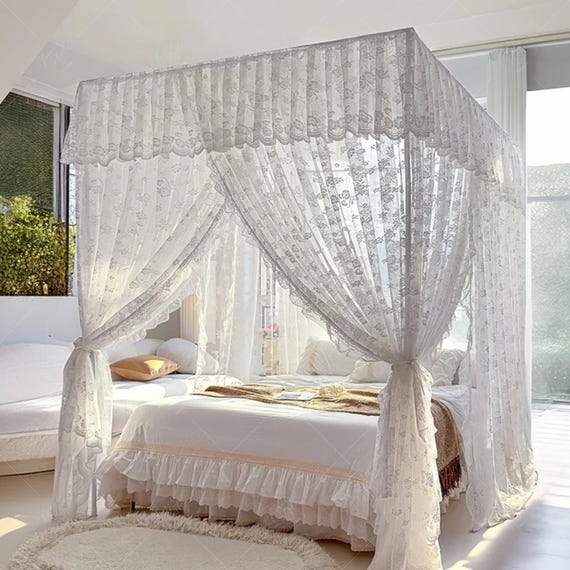 Elegant Romantic Bed Canopy White Lace Floral Embroidered Bed Curtain Sheer Privacy Mosquito Net Luxurious Bedroom Decor Etsy