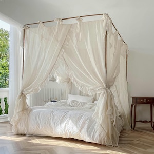Linen Texture Bed Canopy With Tie Up | French Style canopy curtain panel with ruffles | 4 Corners Post Canopy Bed Curtain for Girls