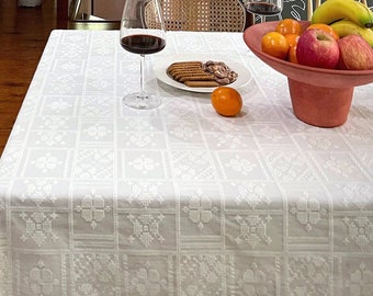 French Style White Lace Tablecloth, Elegant Jacquard Rectangular Dining Table Cover, Festival Event Table Decoration, Housewarming Gift