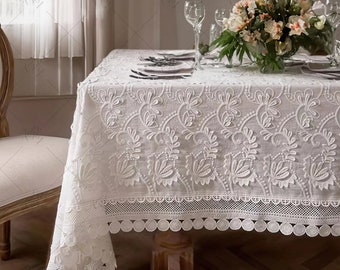 Französischer Stil Blumenspitze bestickte Tischdecke für Hochzeit | Klassische weiße Spitzentischdecke | Bauernhaus Rechteck Tischdecke | Tisch Dekor