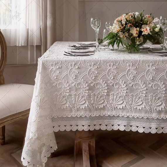 Treasure Macrame Lace Tablecloth - White Linen-Look Polyester, 70x180 Inches Rectangle - View #7