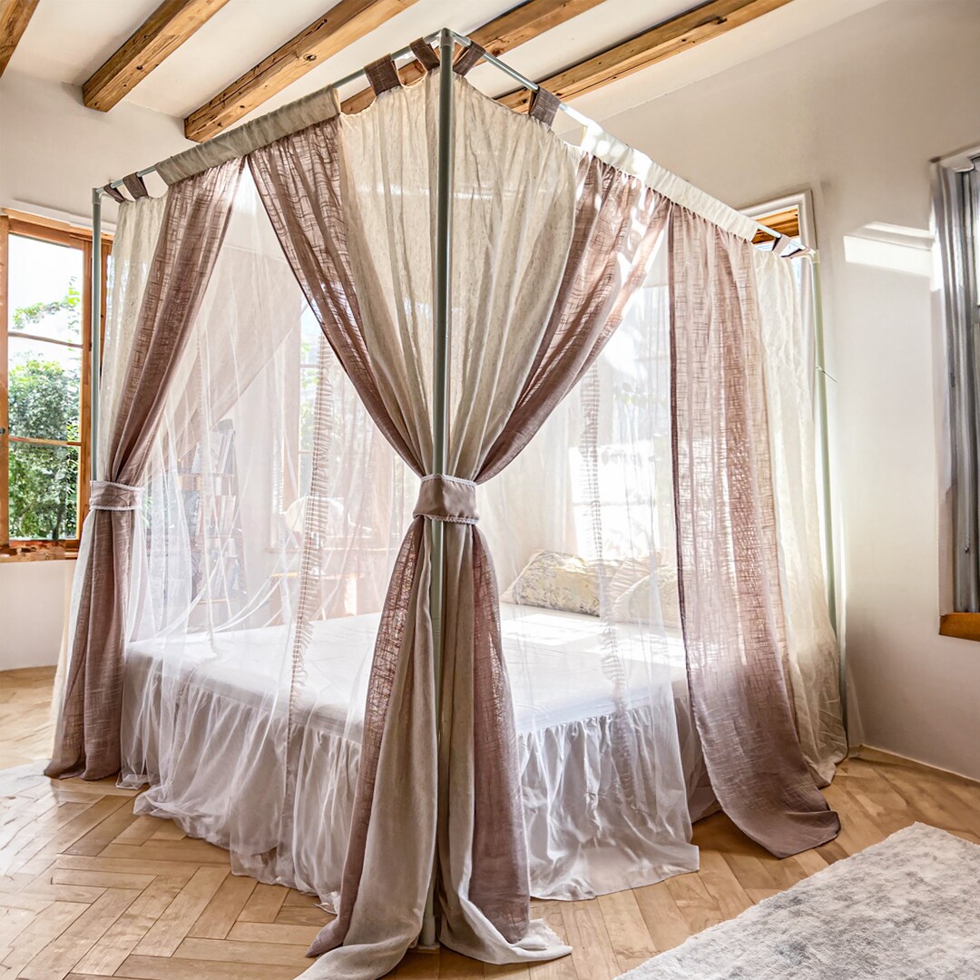 French Style Double Layer Bed Canopy Rod Pocket Linen Texture Bed