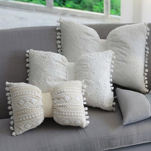 Romantic White and Beige Cushion for Sofa | Bow waist rest with inner | Embroidery cotton Pillow | Bow Throw Pillow | Home Decor