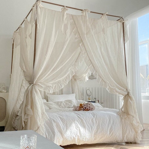 4 Corners Post Canopy Bed Curtain for Girls Linen Textured Etsy