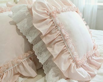 White Double Ruffle Lace Pillow Cover: Scalloped Eyelet Square Cushion Cover