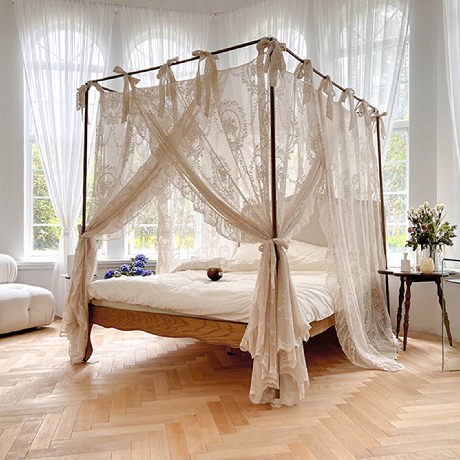 Elegant White Floral Embroidery Bed Canopy Semi Sheer Lace - Etsy