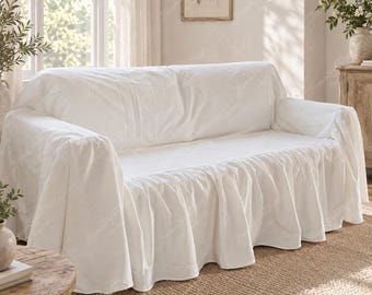 71" White Cotton Sofa Slipcover | Rustic Sectional Couch Cover