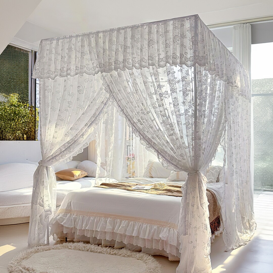 Elegant Romantic Bed Canopy, White Lace Floral Embroidered Bed Curtain ...