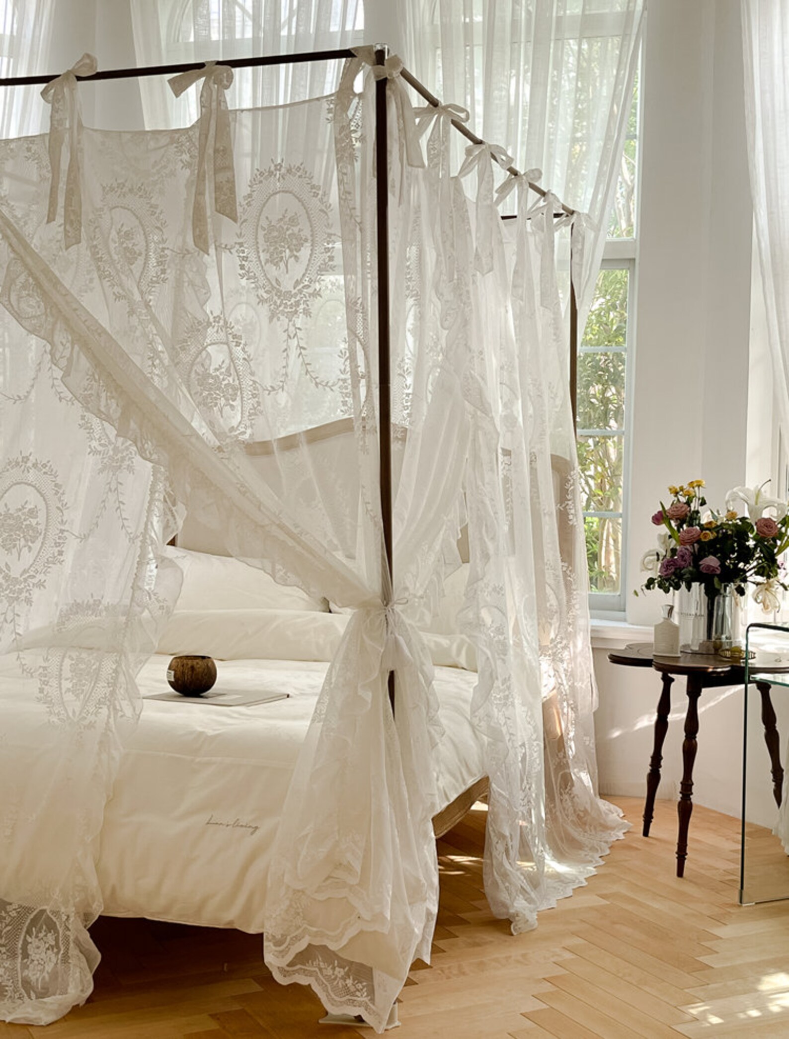Elegant White Floral Embroidery Bed Canopy Semi Sheer Lace - Etsy