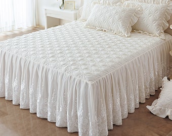 French Style Floral Embroidered Bedspread, Fashionable and Graceful Bed Skirt, White Lace Macrame Bedspread, Cotton Bed Cover, Home Decor
