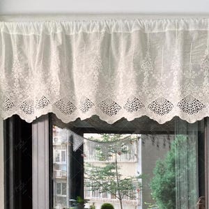 White Floral Embroidered Lace Cafe Curtain - Scalloped Valance