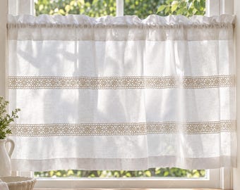 White Lace Trim Cotton Cafe Curtain, Light Filtering Short Window Curtain for Kitchen
