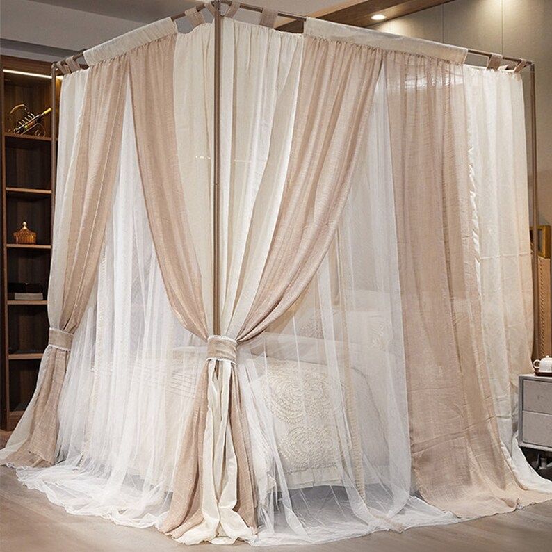 French Style Double Layer Bed Canopy Rod Pocket Linen Etsy