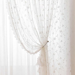 Leaf Design Sheer Curtains for Living Room | French Style Floral Lace Curtains with ruffles | Rod Pocket Voile Curtains