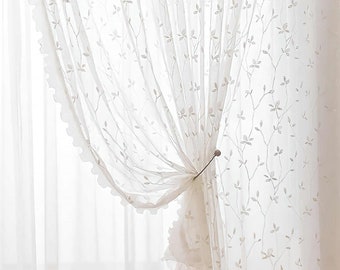 Leaf Design Sheer Curtains for Living Room | French Style Floral Lace Curtains with ruffles | Rod Pocket Voile Curtains