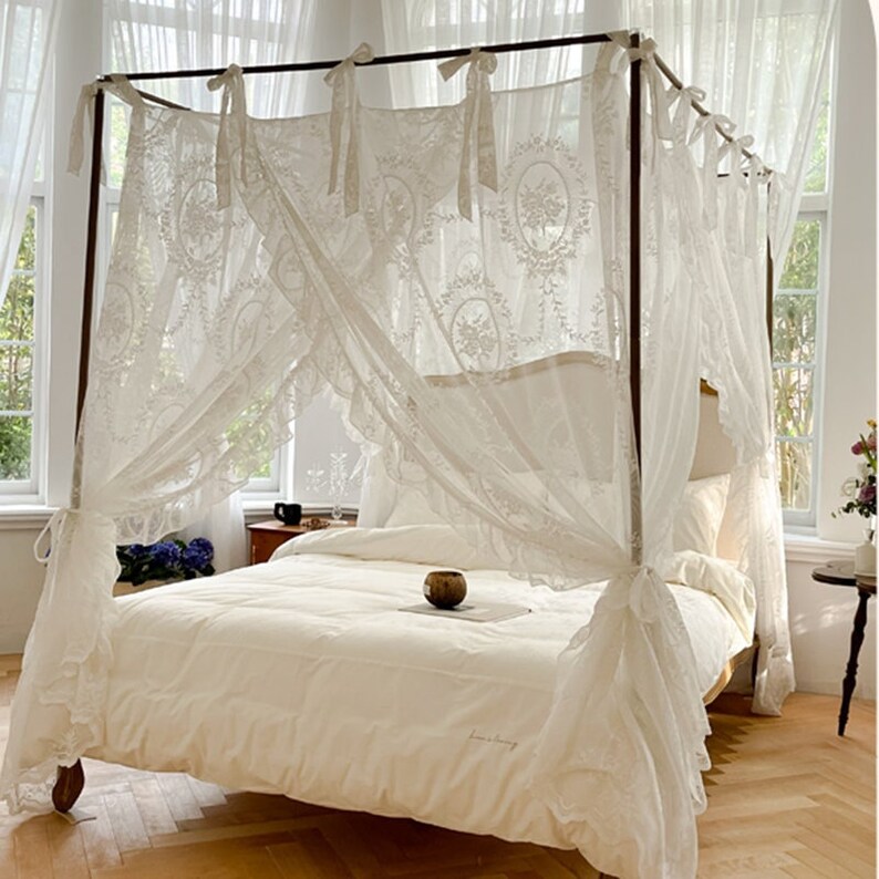 Elegant White Floral Embroidery Bed Canopy Semi Sheer Lace Etsy