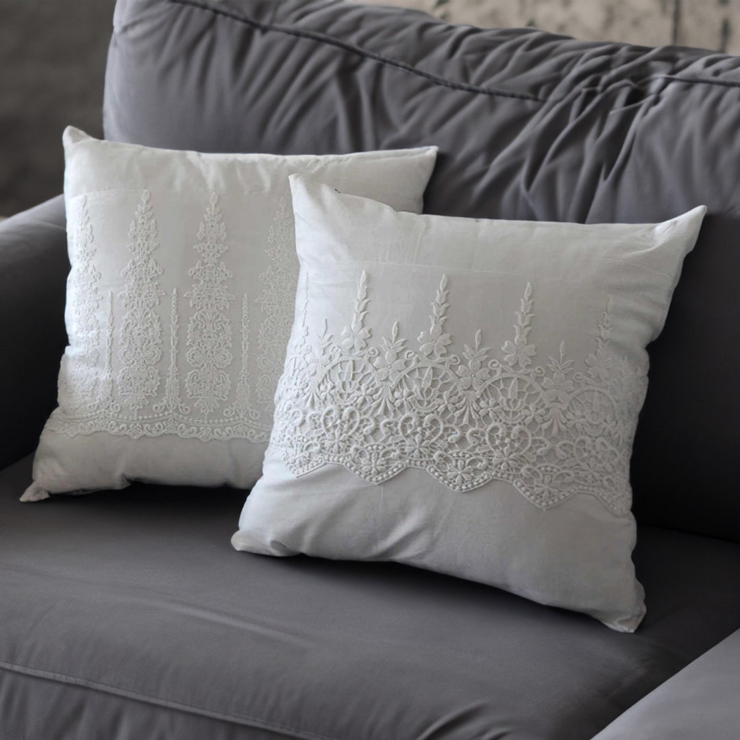 Farmhouse Cotton and Linen Pillow Case Bohemia Floral Embroidered Lace