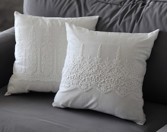 Farmhouse Lace Pillow Cover: Embroidered Cotton Linen Cushion