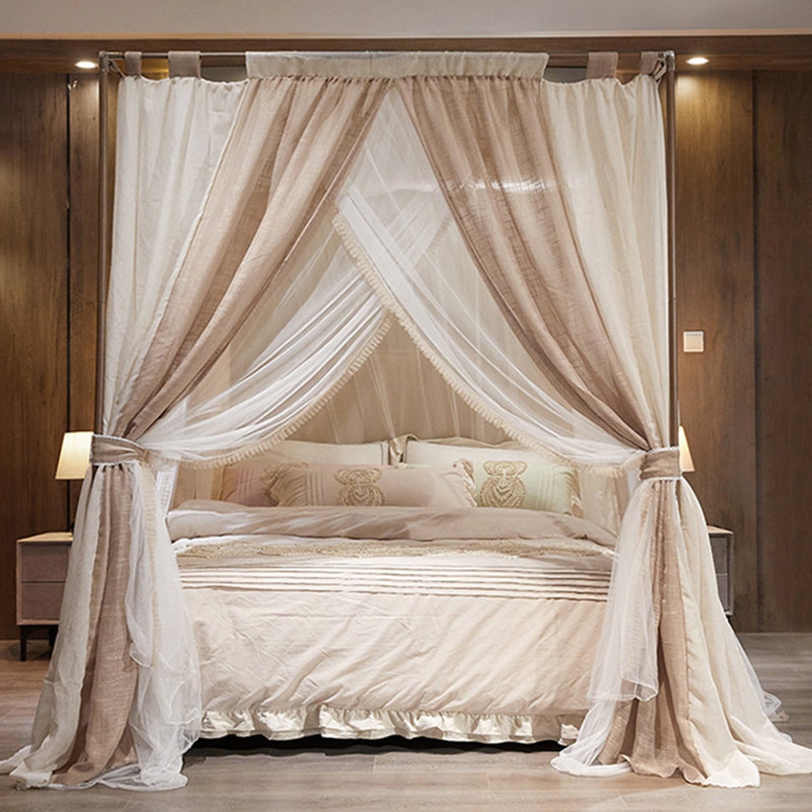 French Style Double Layer Bed Canopy Rod Pocket Linen Etsy
