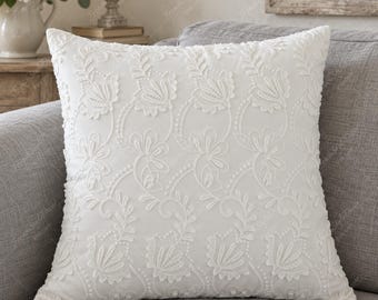 Floral Embroidered Lace Cushion Cover: French Cotton Pillowcase