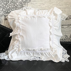 Romantic White Cotton Cushion Cover with Ruffled Lace Trim, French Style Pillow Sham for Elegant Home Decor, Square Lace Pillowcase