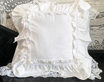 White Cotton Pillow Cover: Ruffled Lace Trim, French Style Decor