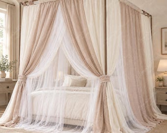 French Style Double Layer Bed Canopy | Linen Texture Sheer Curtains