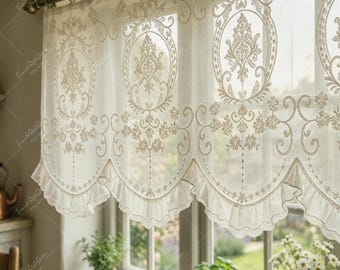 Vintage Floral Embroidery Cafe Curtain, Scalloped Ruffle Sheer Valance Window Drape
