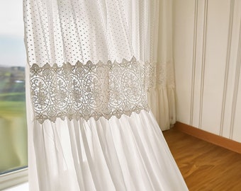 Voilage à la française avec dentelle élégante, rideau en dentelle shabby chic, voilages blancs, rideau de salon élégant