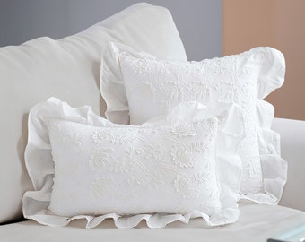 White Floral Embroidered Lace Pillow Cover: Ruffle Cotton Cushion