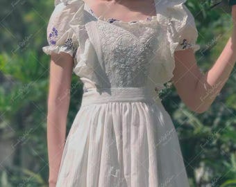 Embroidered White Cotton Apron with Lace: French Maid Style