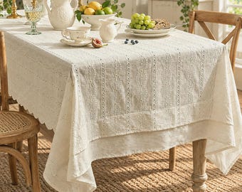 Eyelet Embroidered Cotton Tablecloth, Vintage Cutwork Table Cover, Dinner Table Linen