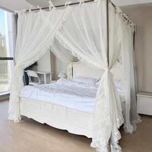 Linen Texture Sheer Canopy for Four-Poster Bed - Romantic and Elegant Bedroom Drapery, White Bed Canopy with Ruffled Edges