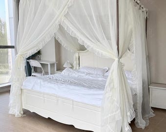 Linen Sheer Bed Canopy: Romantic Ruffled Bedroom Drapery