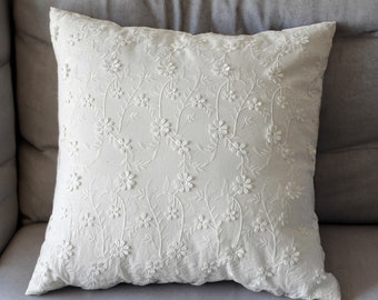 Floral Embroidered Lace Cushion Cover: French Farmhouse Pillow