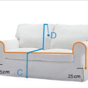 May include: A white two-seater sofa with a light orange trim around the edges. The sofa has two armrests, each measuring 25 inches in length. The sofa is labeled with letters A, B, C, and D.