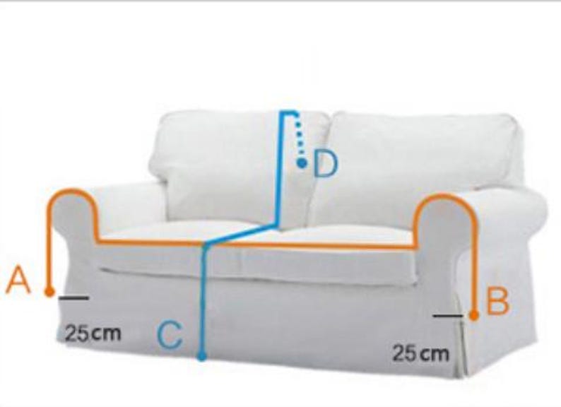 May include: A white two-seater sofa with a light orange trim around the edges. The sofa has two armrests, each measuring 25 inches in length. The sofa is labeled with letters A, B, C, and D.