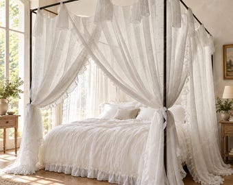White Bed Canopy Curtains, Linen Look Polyester with Ruffle Trim, Three Openings