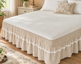Ruffled Lace Bed Skirt, Elastic Wrap Around Dust Ruffle, Bedroom Decor