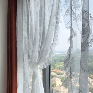 White Floral Sheer Curtain | Romantic Embroidered Voile Curtains With Ruffles | Rod Pocket Lace Window Drapes for Bedroom