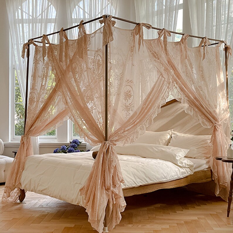 Elegant White Floral Embroidery Bed Canopy Semi Sheer Lace - Etsy